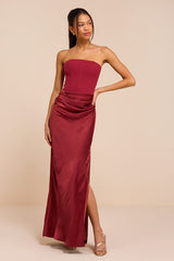 Mella Burgundy Mixed Media Strapless Maxi Dress