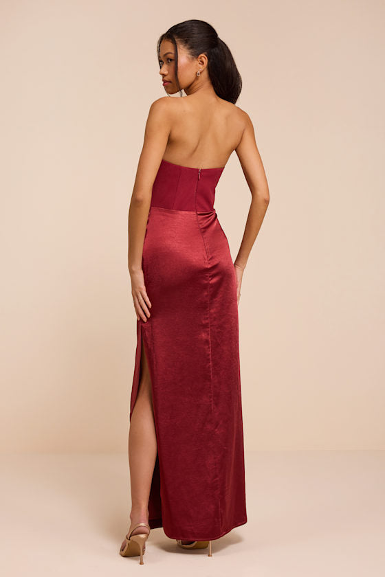 Mella Burgundy Mixed Media Strapless Maxi Dress