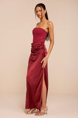 Mella Burgundy Mixed Media Strapless Maxi Dress