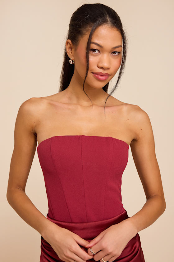 Mella Burgundy Mixed Media Strapless Maxi Dress