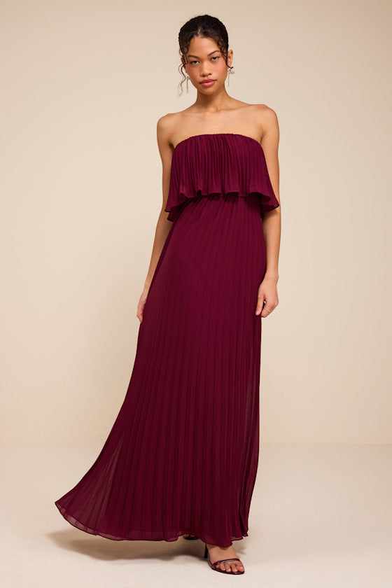 Arietta Plum Pleated Strapless Maxi Dress