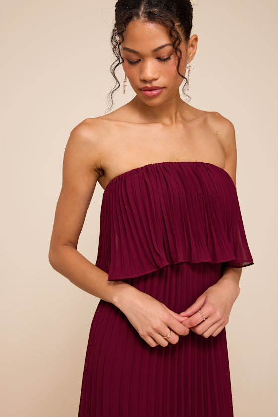 Arietta Plum Pleated Strapless Maxi Dress