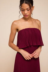 Arietta Plum Pleated Strapless Maxi Dress