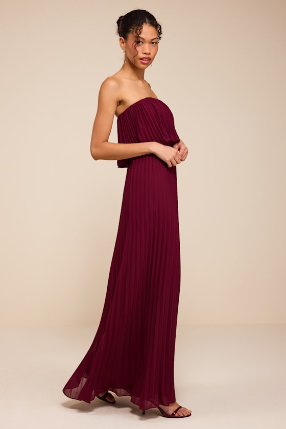 Arietta Plum Pleated Strapless Maxi Dress