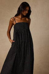 Sam Black Polka Dot Pleated Shift Midi Dress