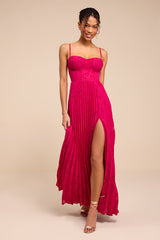 Dacie Fuchsia Floral Burnout Pleated Bustier Maxi Dress