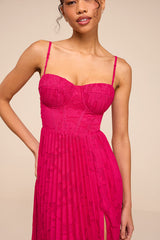Dacie Fuchsia Floral Burnout Pleated Bustier Maxi Dress