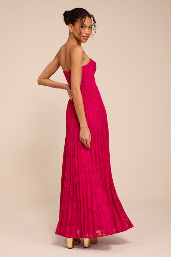 Dacie Fuchsia Floral Burnout Pleated Bustier Maxi Dress