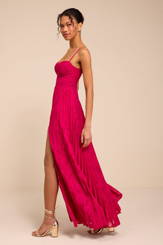 Dacie Fuchsia Floral Burnout Pleated Bustier Maxi Dress