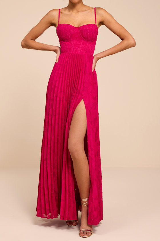 Dacie Fuchsia Floral Burnout Pleated Bustier Maxi Dress