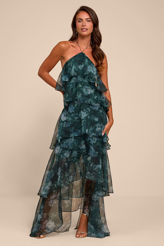 Melody Dark Green Floral Tiered Halter Maxi Dress