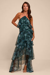 Melody Dark Green Floral Tiered Halter Maxi Dress