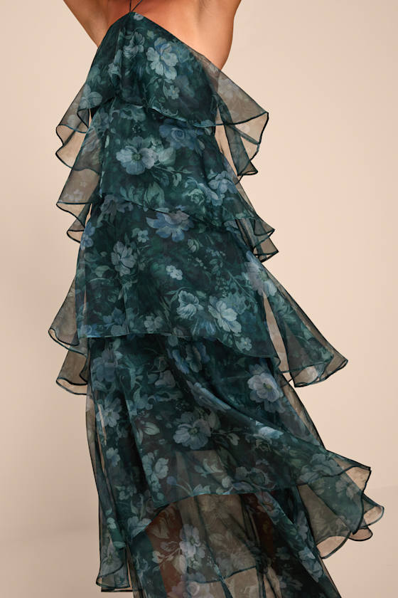 Melody Dark Green Floral Tiered Halter Maxi Dress