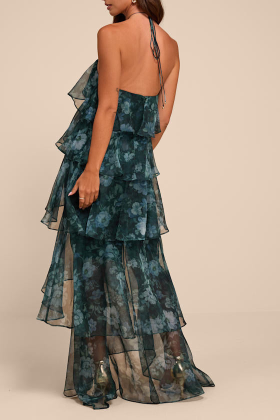Melody Dark Green Floral Tiered Halter Maxi Dress
