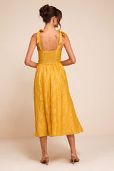 Loveliest Muse Yellow Burnout Floral Tie-Strap Midi Dress