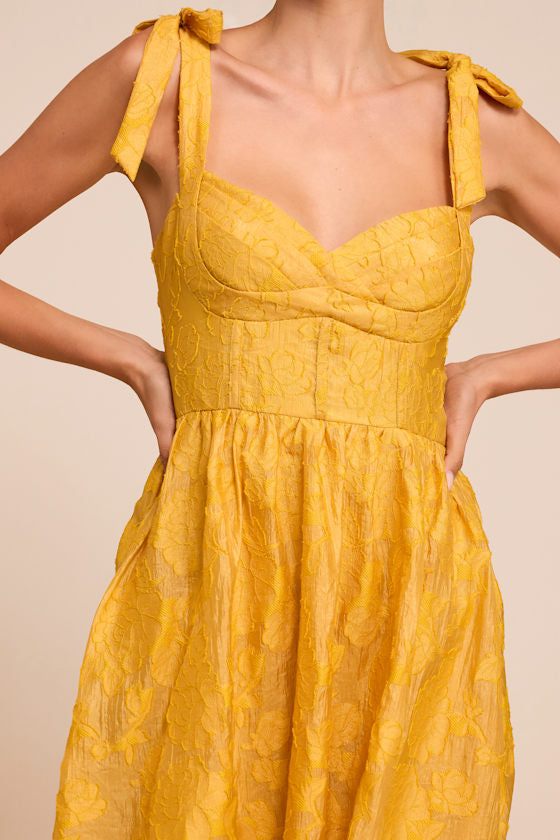 Loveliest Muse Yellow Burnout Floral Tie-Strap Midi Dress