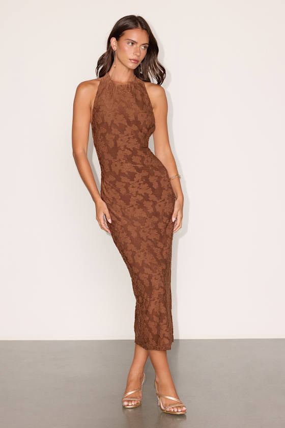 Sharona Brown Floral Jacquard Backless Midi Dress