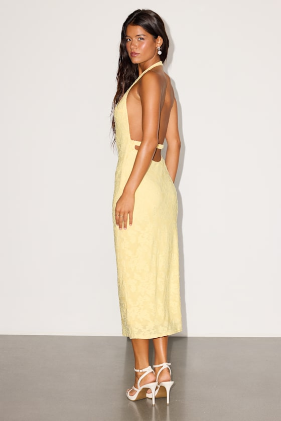 Sharona Yellow Floral Jacquard Backless Midi Dress