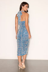 Raina Blue Floral Mesh Ruched Midi Dress
