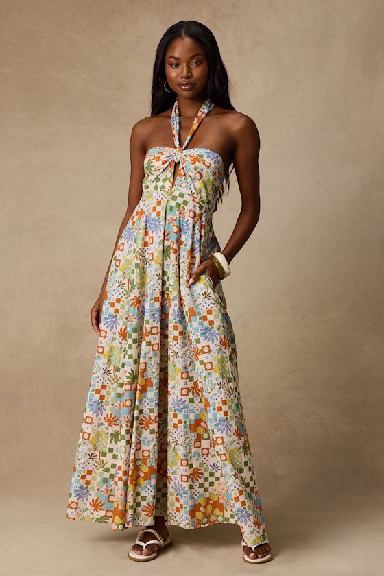 Renata Ivory Multi Print Halter Maxi Dress