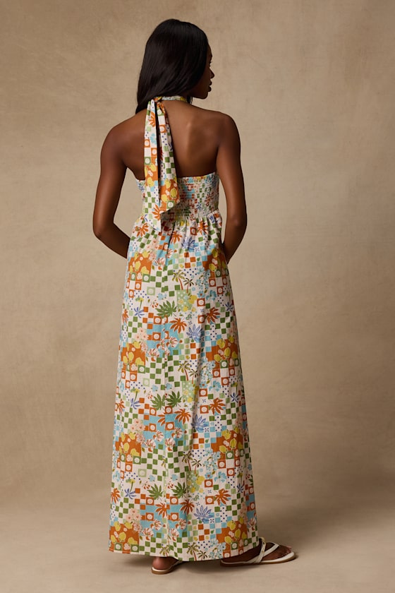 Renata Ivory Multi Print Halter Maxi Dress