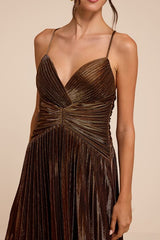 Elletra Brown Lurex Pleated Maxi Dress