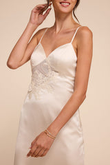 Kimberly Cream Satin Crochet Lace Slip Midi Dress