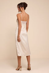Kimberly Cream Satin Crochet Lace Slip Midi Dress