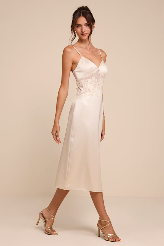 Kimberly Cream Satin Crochet Lace Slip Midi Dress