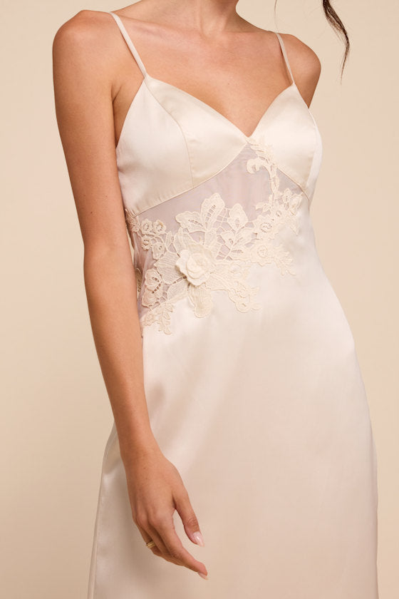 Kimberly Cream Satin Crochet Lace Slip Midi Dress