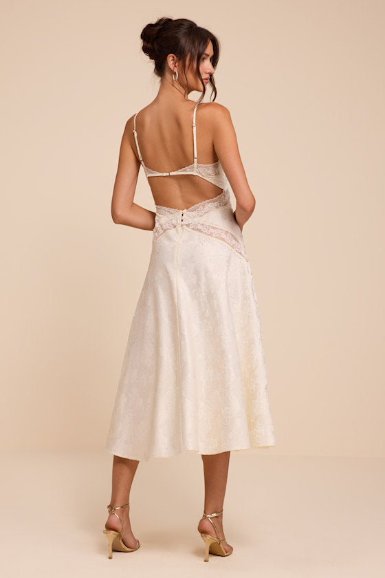Adia Ivory Floral Jacquard Satin Midi Dress