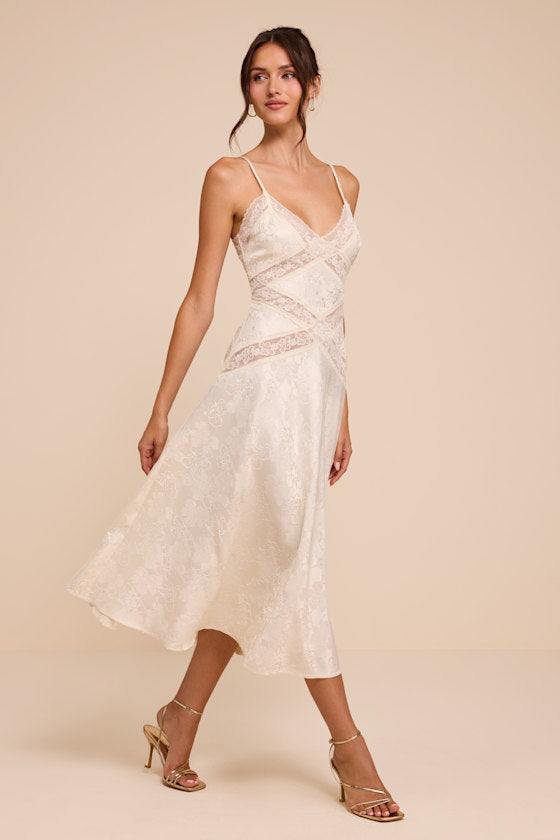 Adia Ivory Floral Jacquard Satin Midi Dress