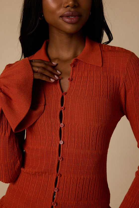 Arlinda Rust Knit Textured Cardigan Sweater Top