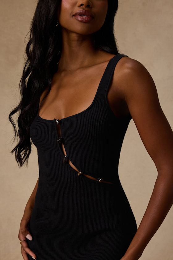 Clairo Black Ribbed Knit Cutout Midi Dress