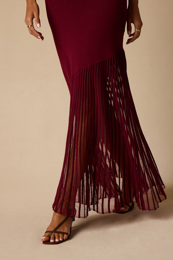 Empression Burgundy Asymmetrical Pleated Midi Dress