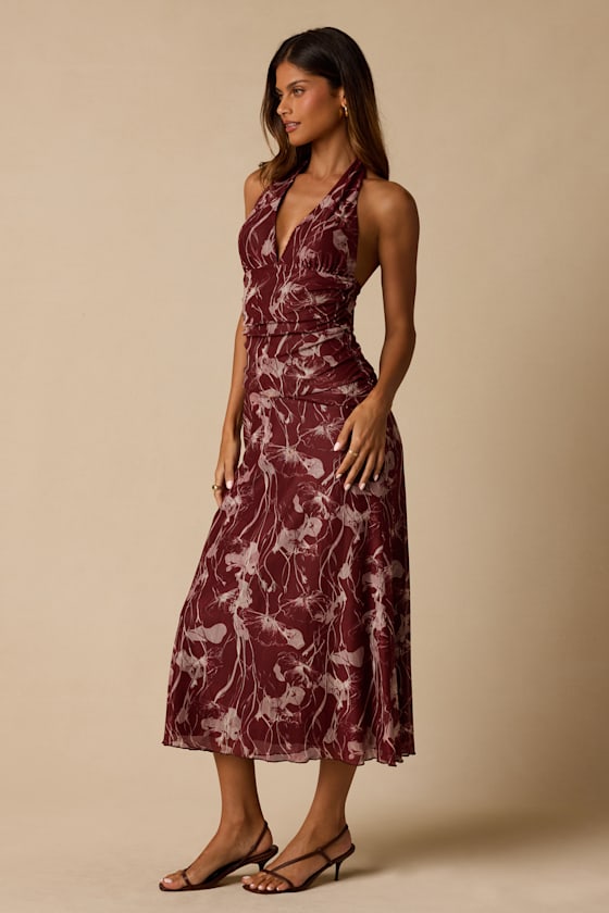 Betty Burgundy Abstract Print Mesh Halter Midi Dress