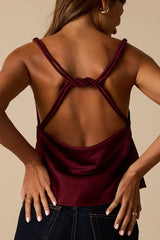 Ariel Maroon Satin Cowl Neck Tank Top