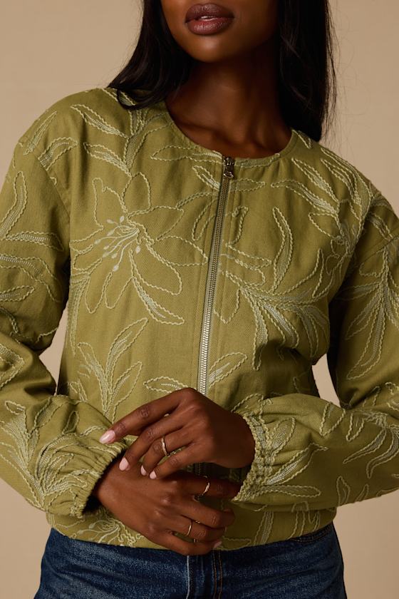 Olina Olive Embroidered Bomber Jacket