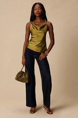 Ariel Olive Satin Cowl Neck Tank Top