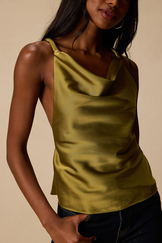 Ariel Olive Satin Cowl Neck Tank Top