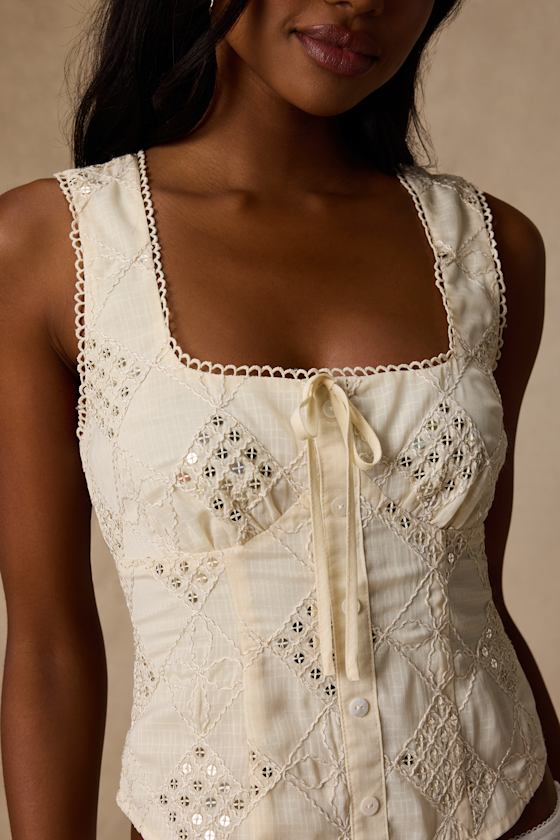 Antionette Cream Embroidered Sequin Button-Front Top