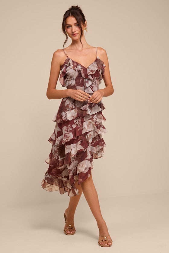 Sinclair Brown Floral Ruffled Midi Dress