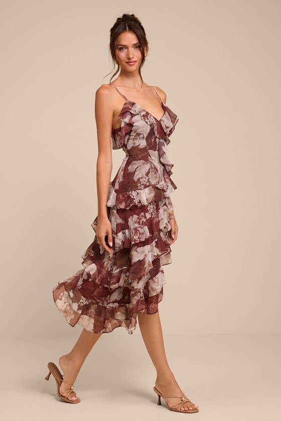 Sinclair Brown Floral Ruffled Midi Dress