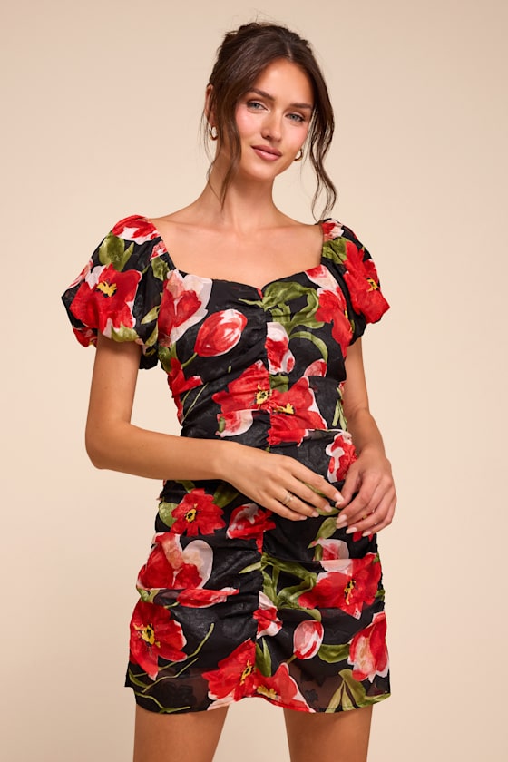 Sahana Black Multi Floral Ruched Mini Dress