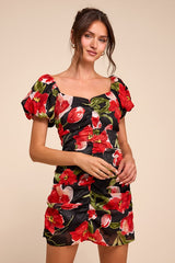 Sahana Black Multi Floral Ruched Mini Dress