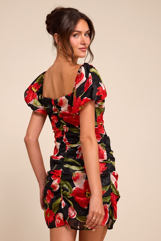Sahana Black Multi Floral Ruched Mini Dress
