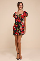 Sahana Black Multi Floral Ruched Mini Dress