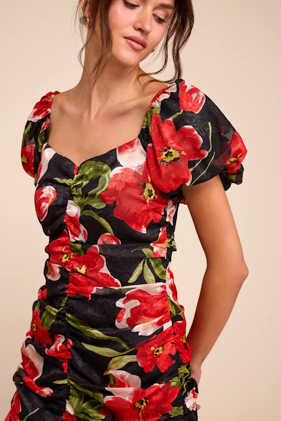 Sahana Black Multi Floral Ruched Mini Dress