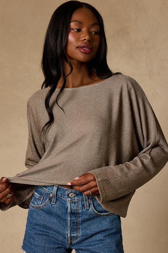 Braylin Taupe Lurex Knit Dolman Sleeve Top
