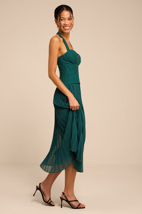 Baylin Emerald Lace Bustier Midi Dress